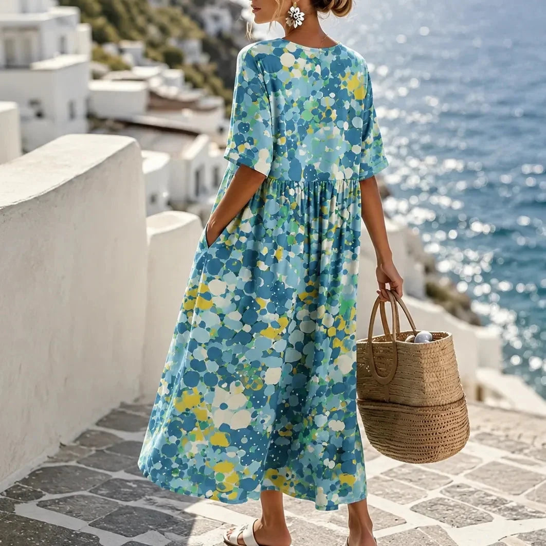 Women's loose floral midi dress in Blue Floral