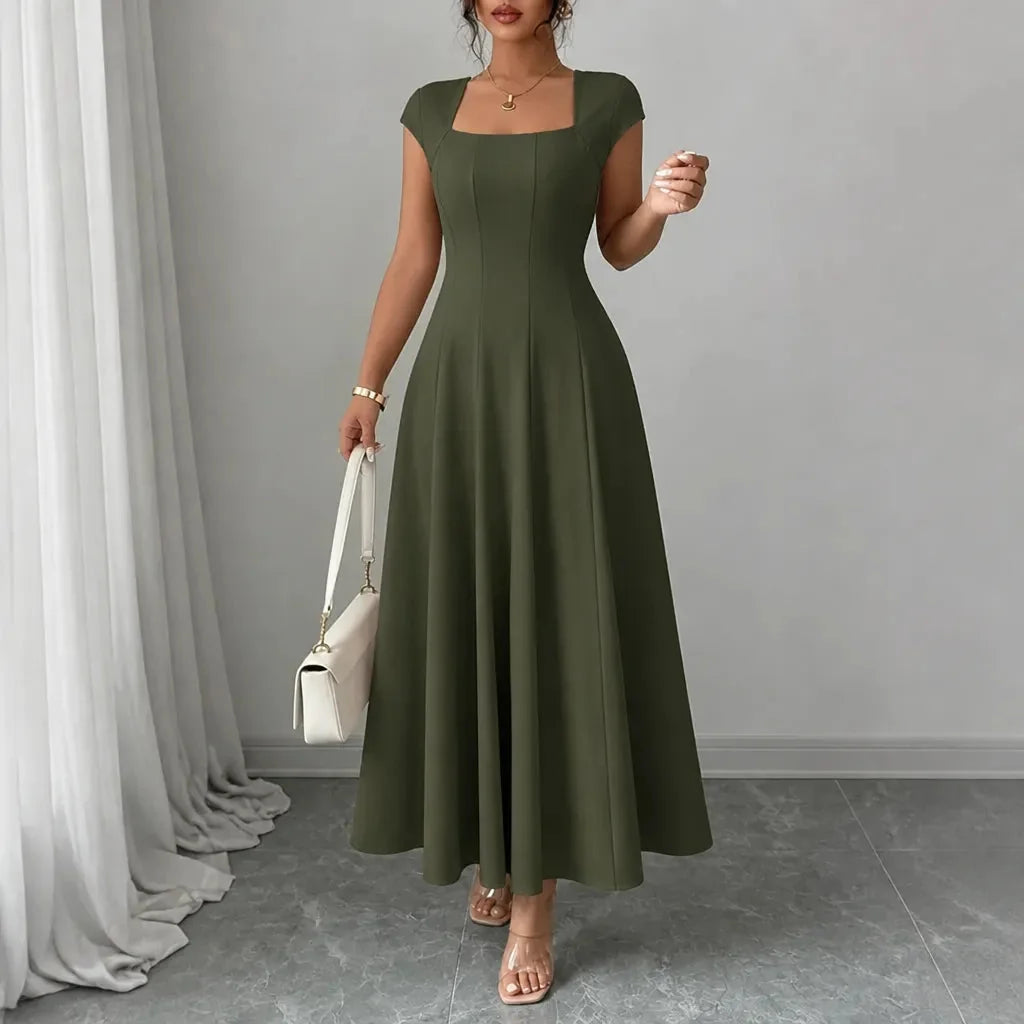 Women's square neck midi dress in Olive Green