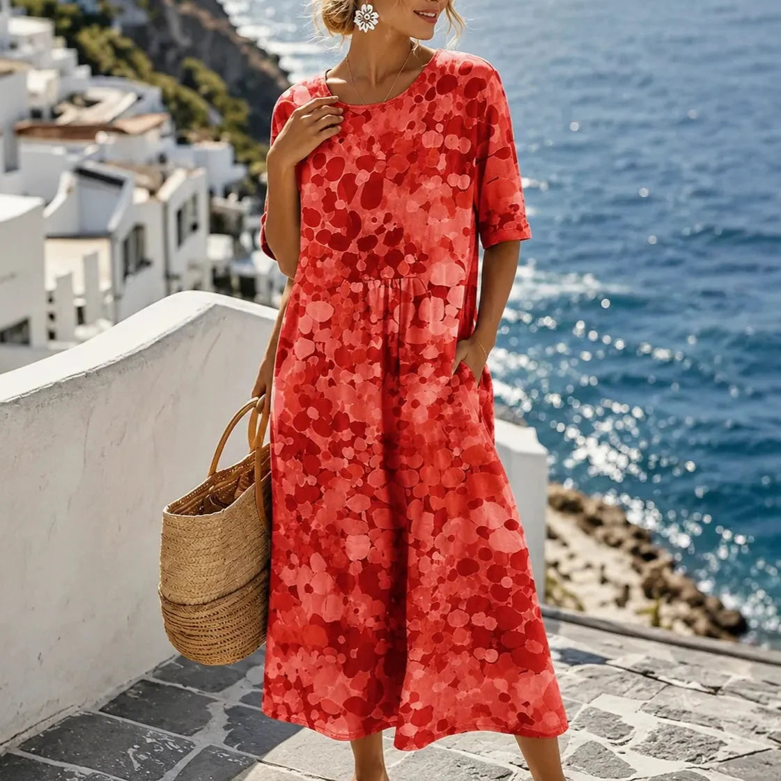 Women's loose floral midi dress in Red Floral