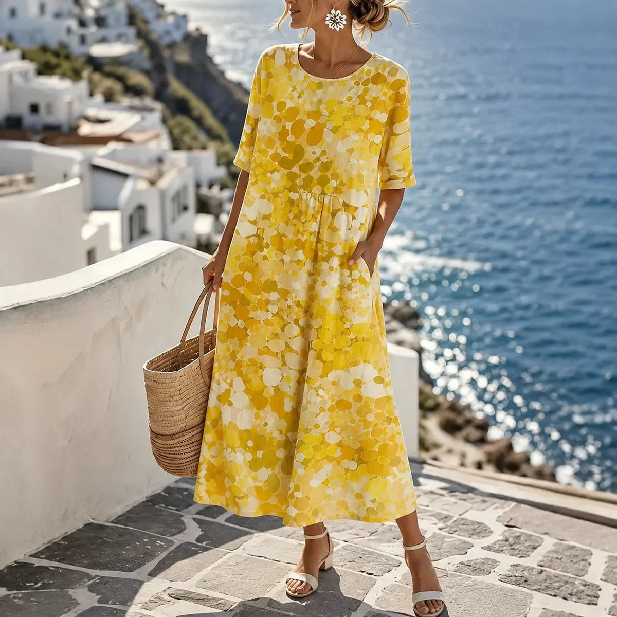 Women's loose floral midi dress in Yellow Floral
