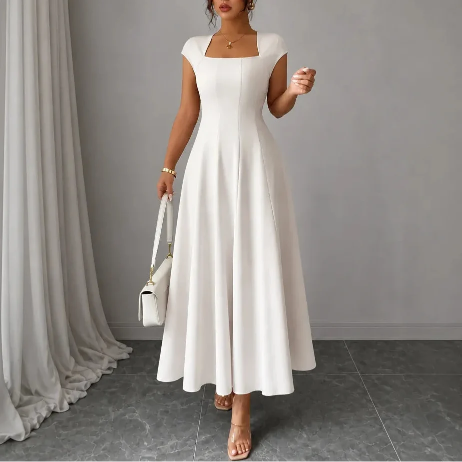 Women's square neck midi dress in Ivory