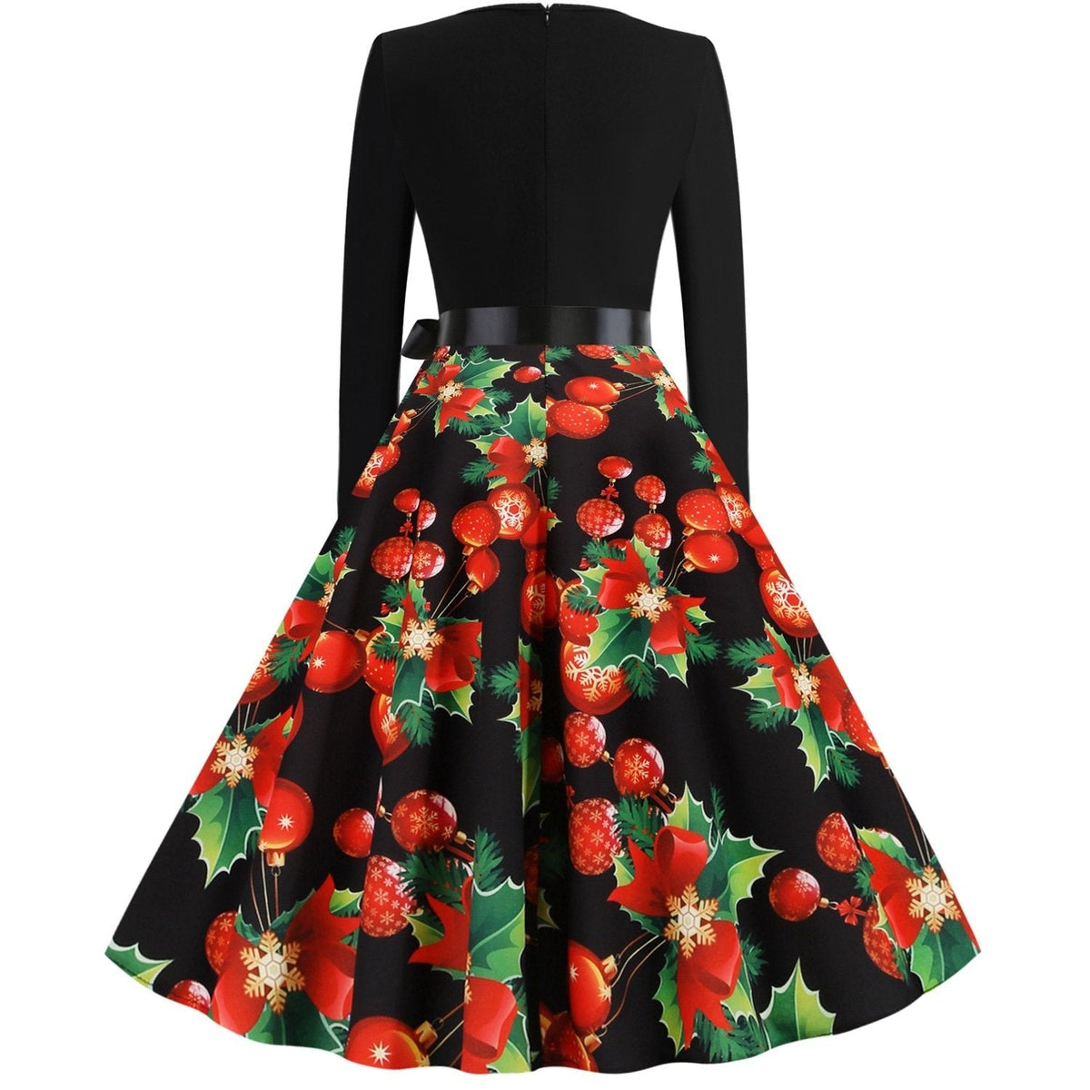 Women's vintage Christmas swing dress with a black bodice and bauble print skirt