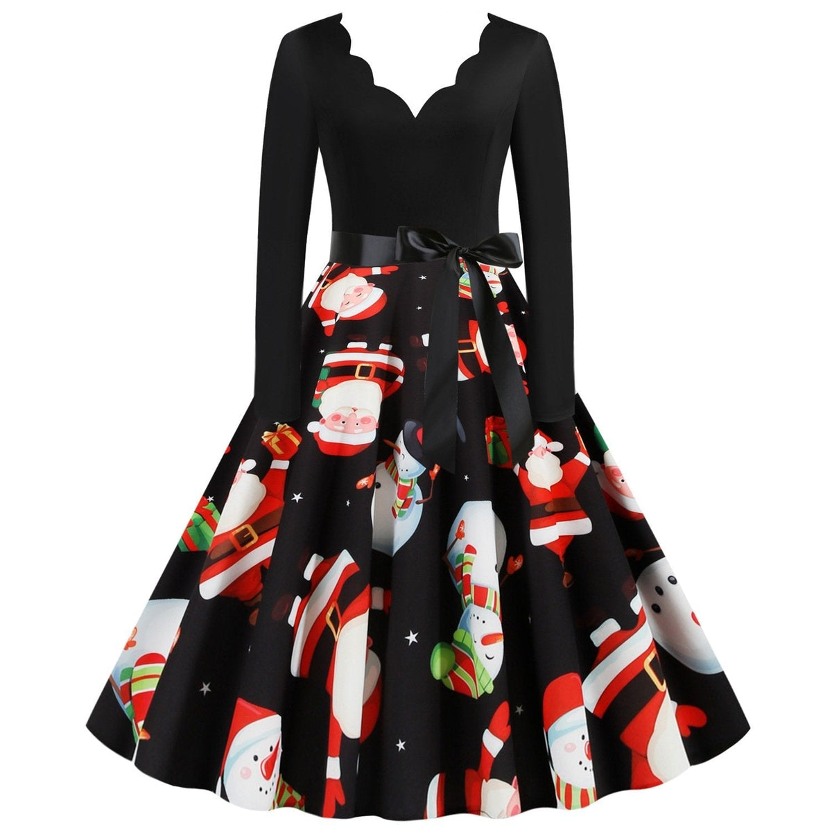 Women's vintage Christmas swing dress with a scalloped V-neck and printed full skirt
