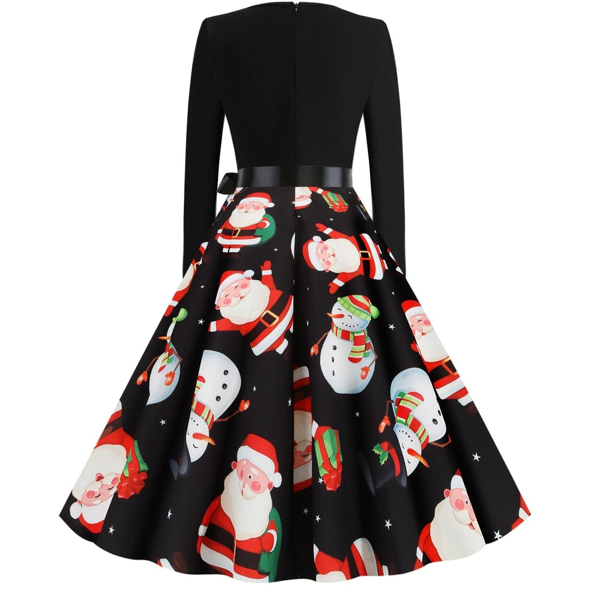 Women's vintage Christmas swing dress with a scalloped V-neck and printed full skirt