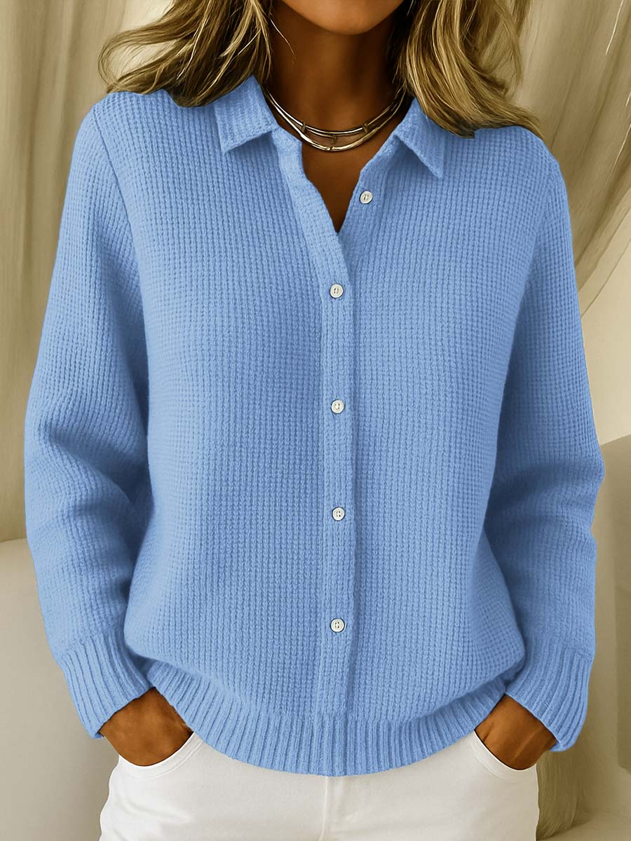 Women's waffle knit cardigan with a shirt collar and small buttons - light blue