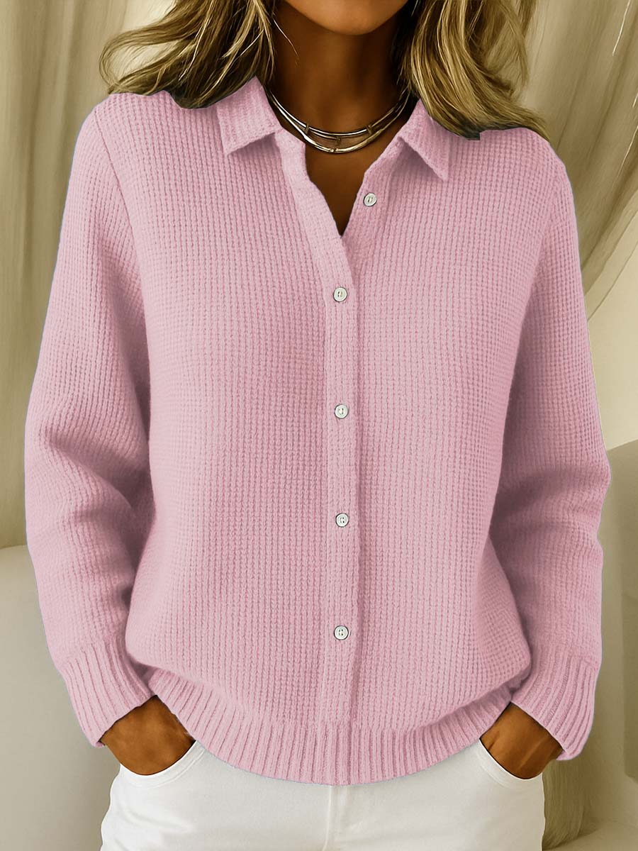 Women's waffle knit cardigan with a shirt collar and small buttons - pink