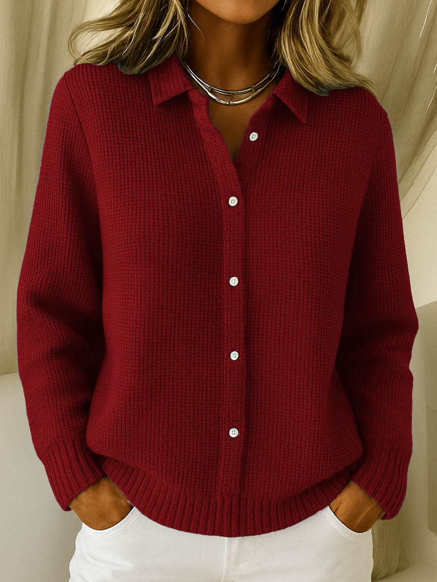 Women's waffle knit cardigan with a shirt collar and small buttons - burgundy