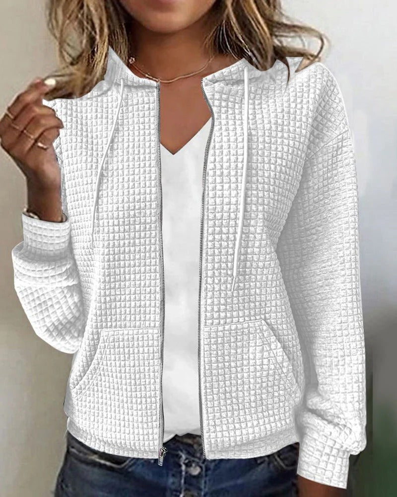Women's waffle knit zip cardigan with a hood and front pockets - white