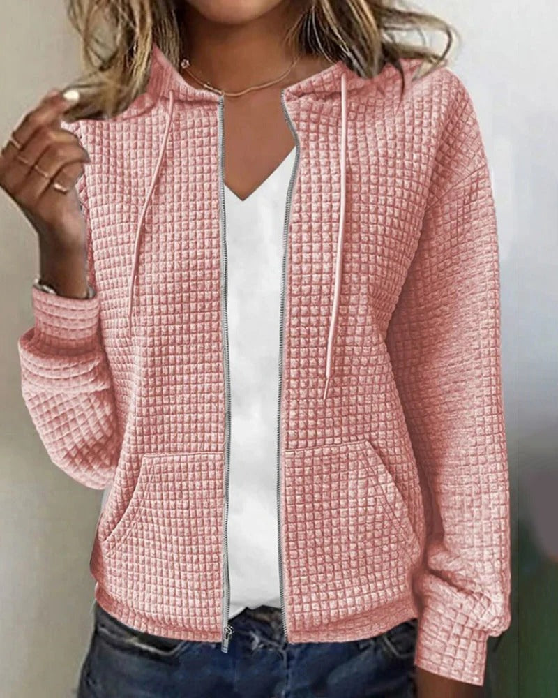 Women's waffle knit zip cardigan with a hood and front pockets - pink