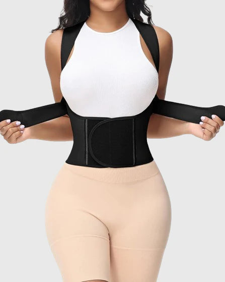 Waist cincher with a hook-and-loop front and shoulder straps that cross over the back