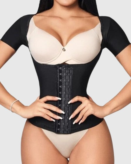 Waist cincher with short sleeves, open bust and a three-row hook-and-eye front - black