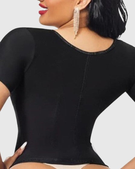 Waist cincher with short sleeves, open bust and a three-row hook-and-eye front