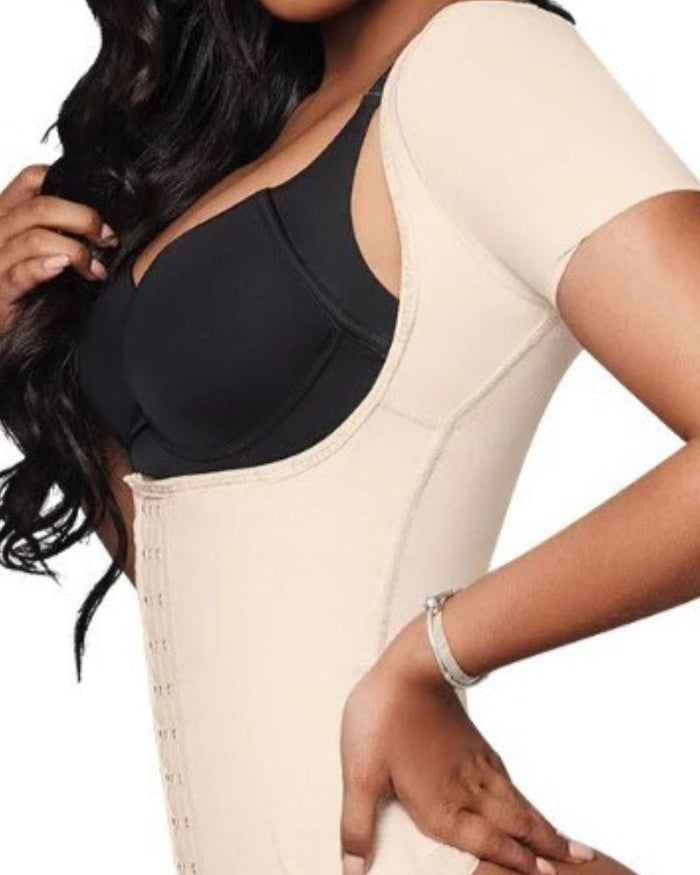 Waist cincher with short sleeves, open bust and a three-row hook-and-eye front