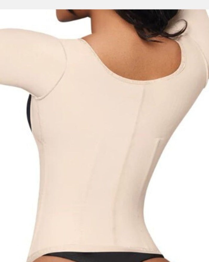 Waist cincher with short sleeves, open bust and a three-row hook-and-eye front