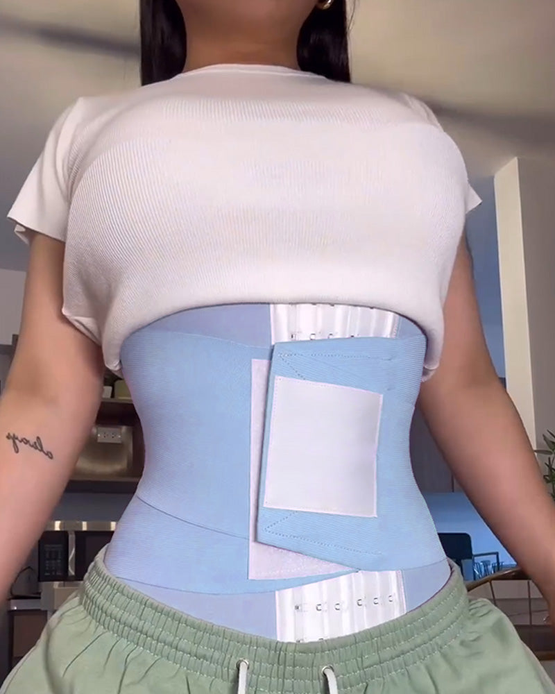 Underbust waist cincher with three rows of hooks and hook-and-loop wrap band - light blue