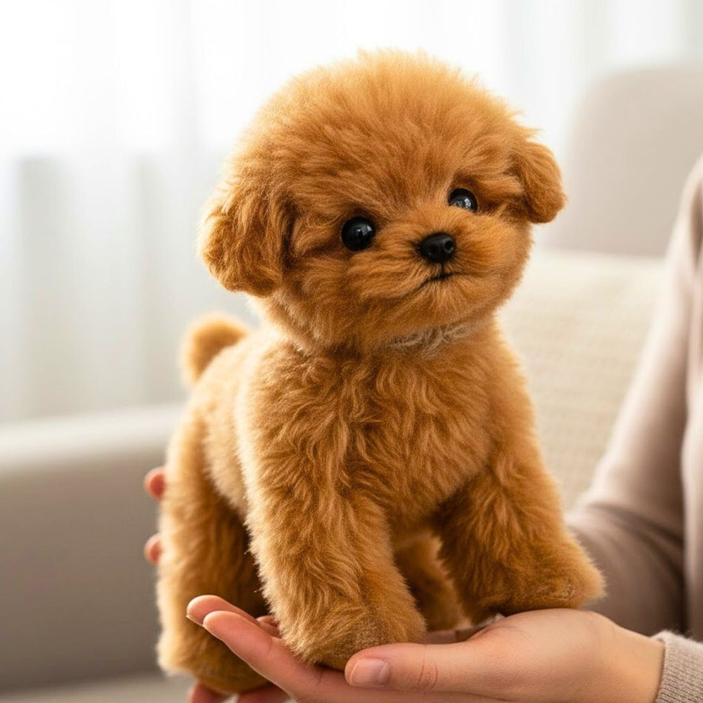 Plush poodle toy with curly fur, black eyes and a curled tail, standing on four legs