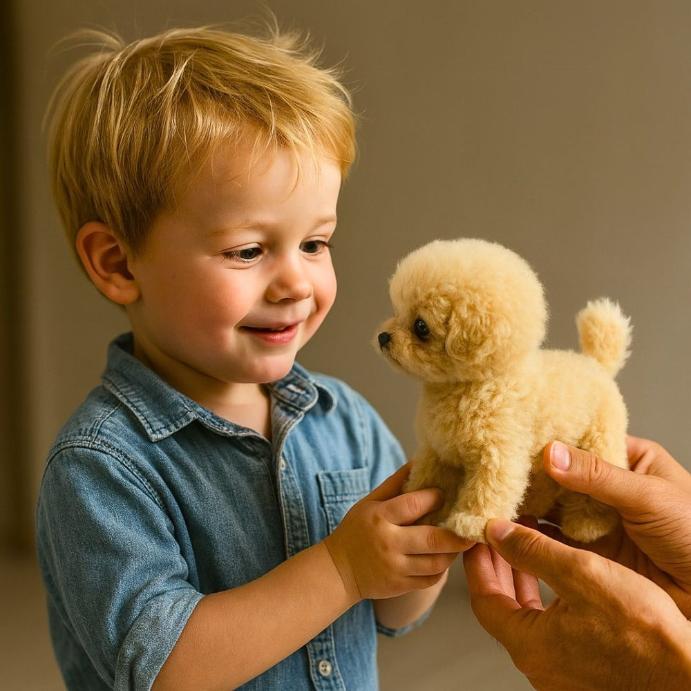 Plush poodle toy with curly fur, black eyes and a curled tail, standing on four legs