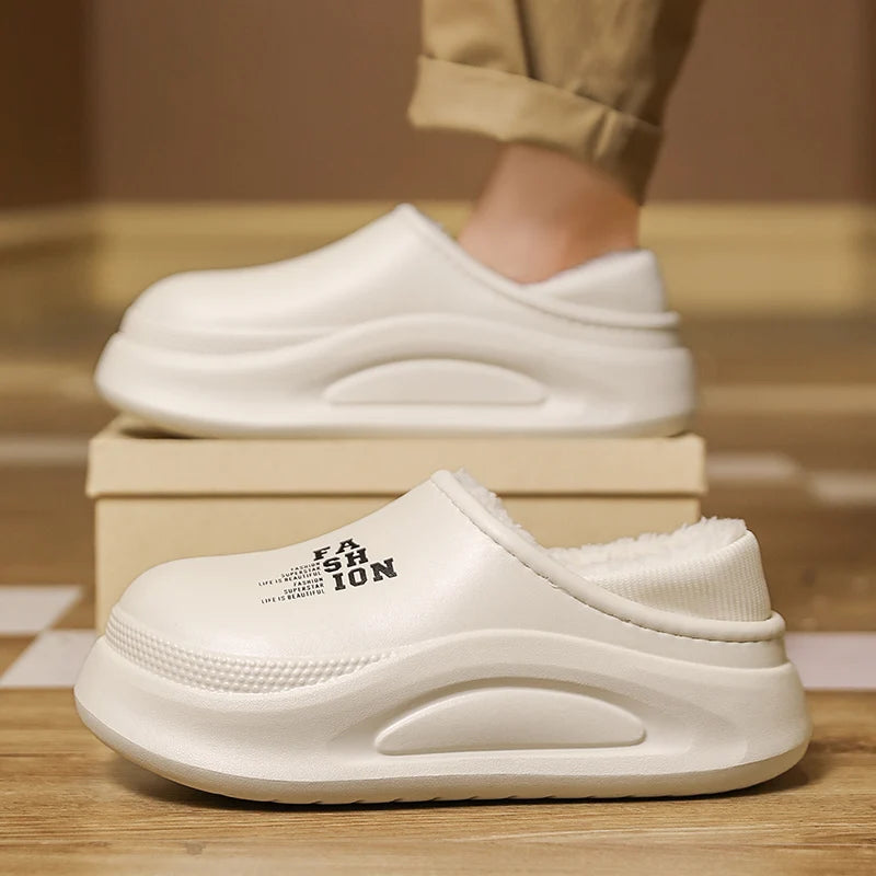 Platform slippers with a smooth upper, plush lining, open heel and high sole - view 2