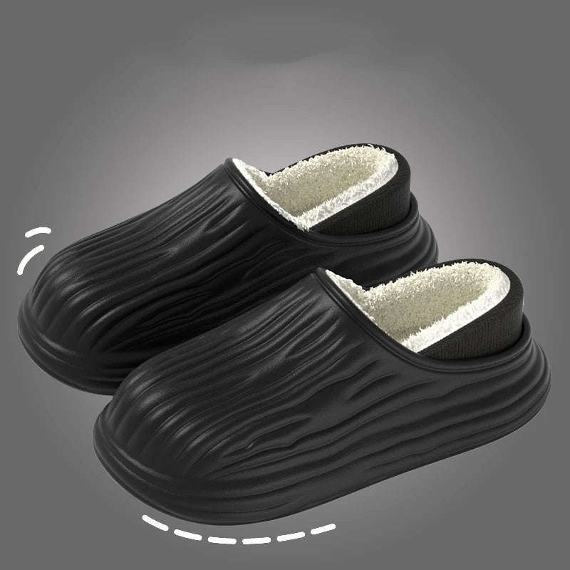 Slippers with a wave-textured upper, plush lining, open heel and thick sole - black