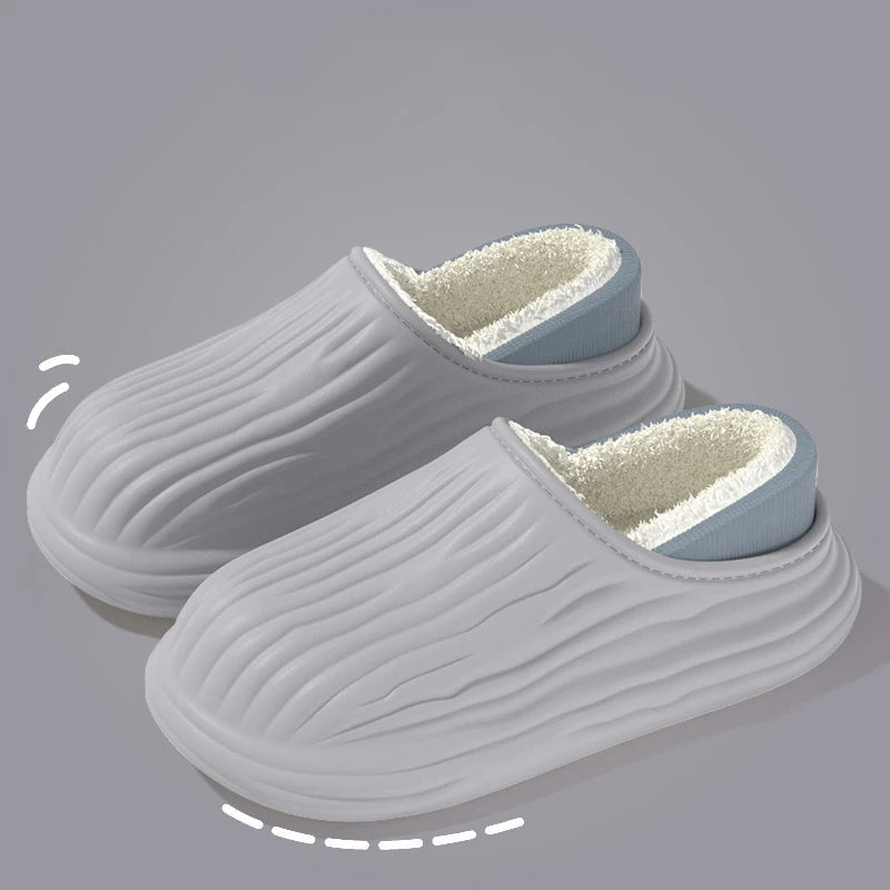 Slippers with a wave-textured upper, plush lining, open heel and thick sole - grey