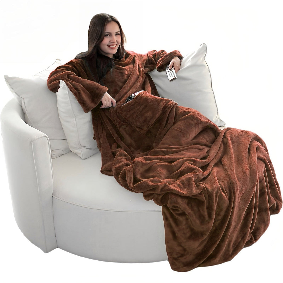 Wearable fleece blanket with sleeves and a front pocket - brown