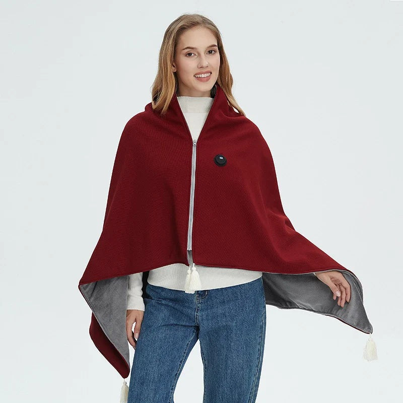 Wearable electric blanket with a zip and USB connection - burgundy