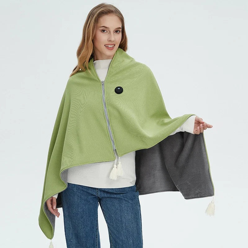 Wearable electric blanket with a zip and USB connection - light green