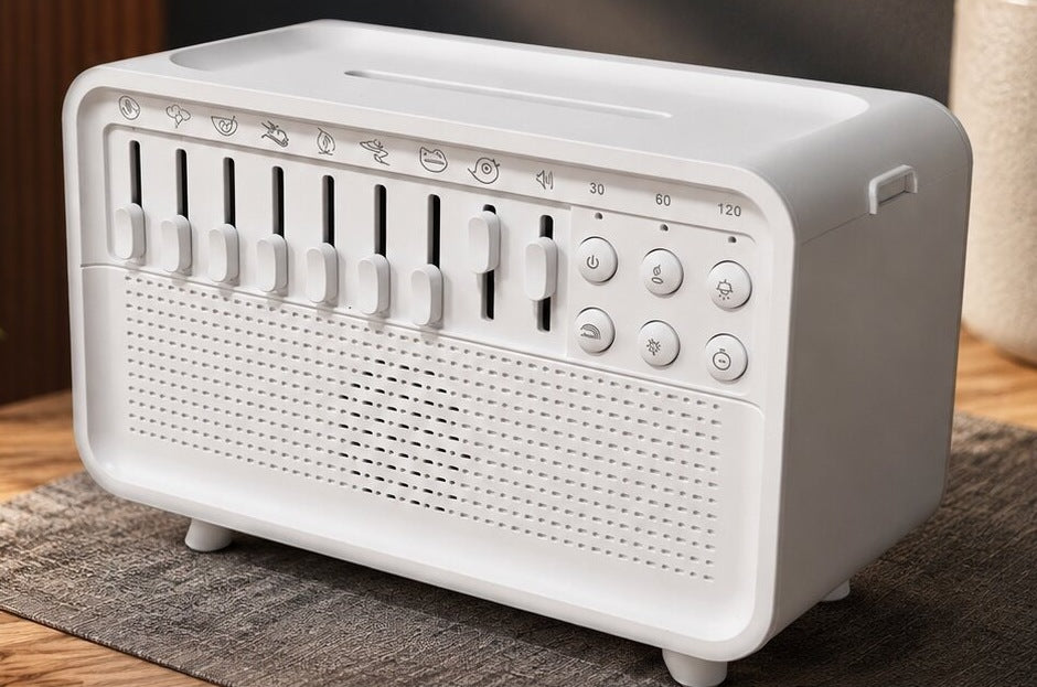 White noise aroma diffuser shaped like a retro radio with sliders