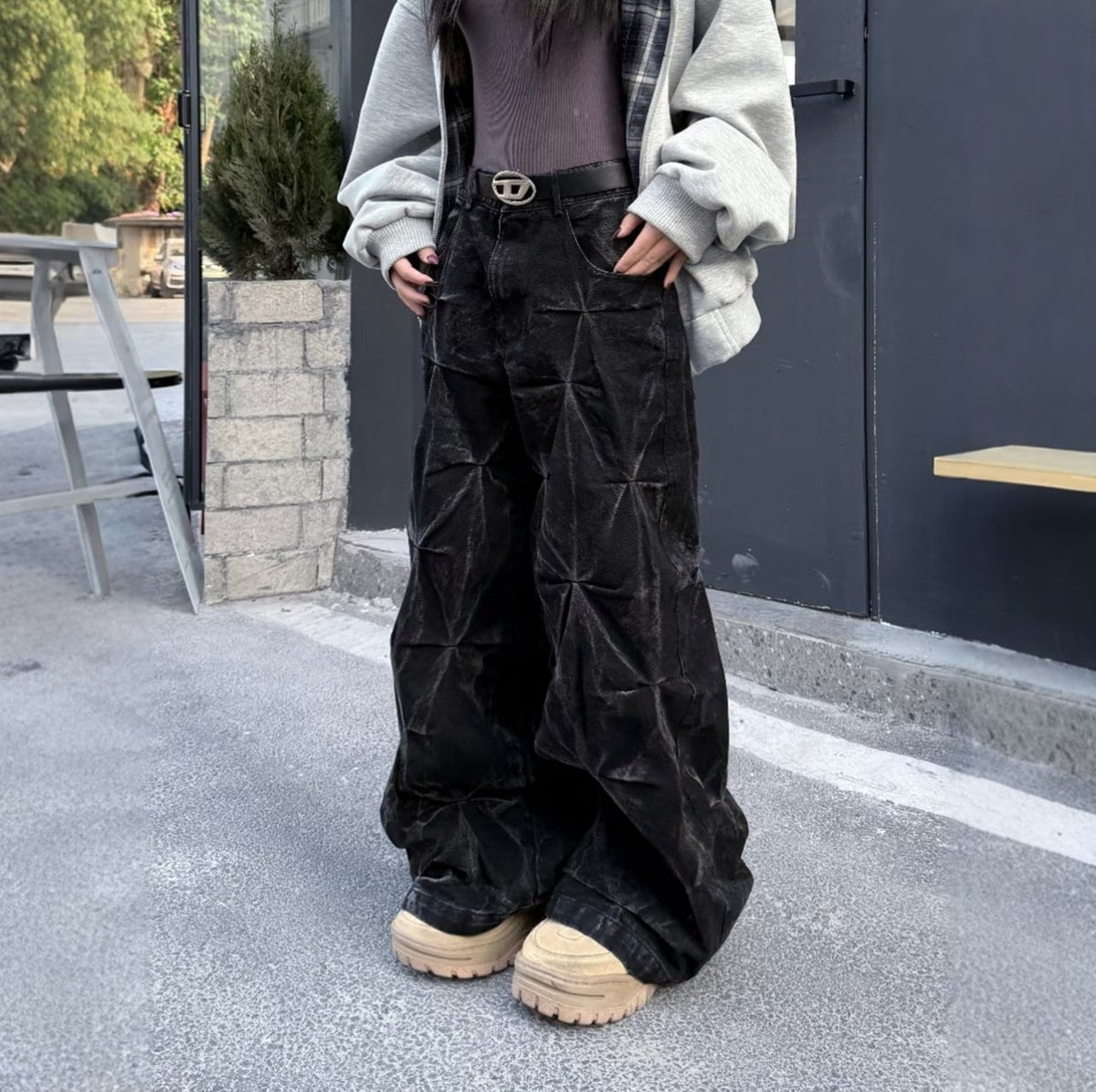 Wide baggy jeans with a pleated crinkle texture and waxed finish - view 2