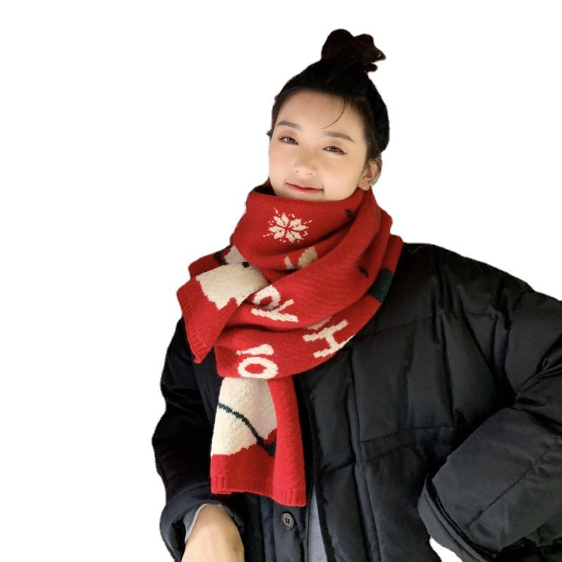 Wide knitted Christmas scarf with large Father Christmas faces at the ends - red