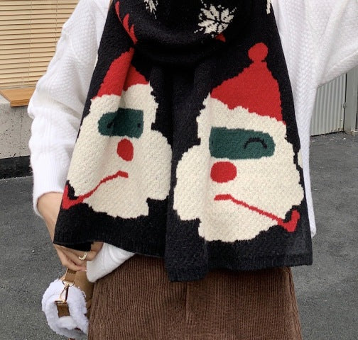 Wide knitted Christmas scarf with large Father Christmas faces at the ends - black