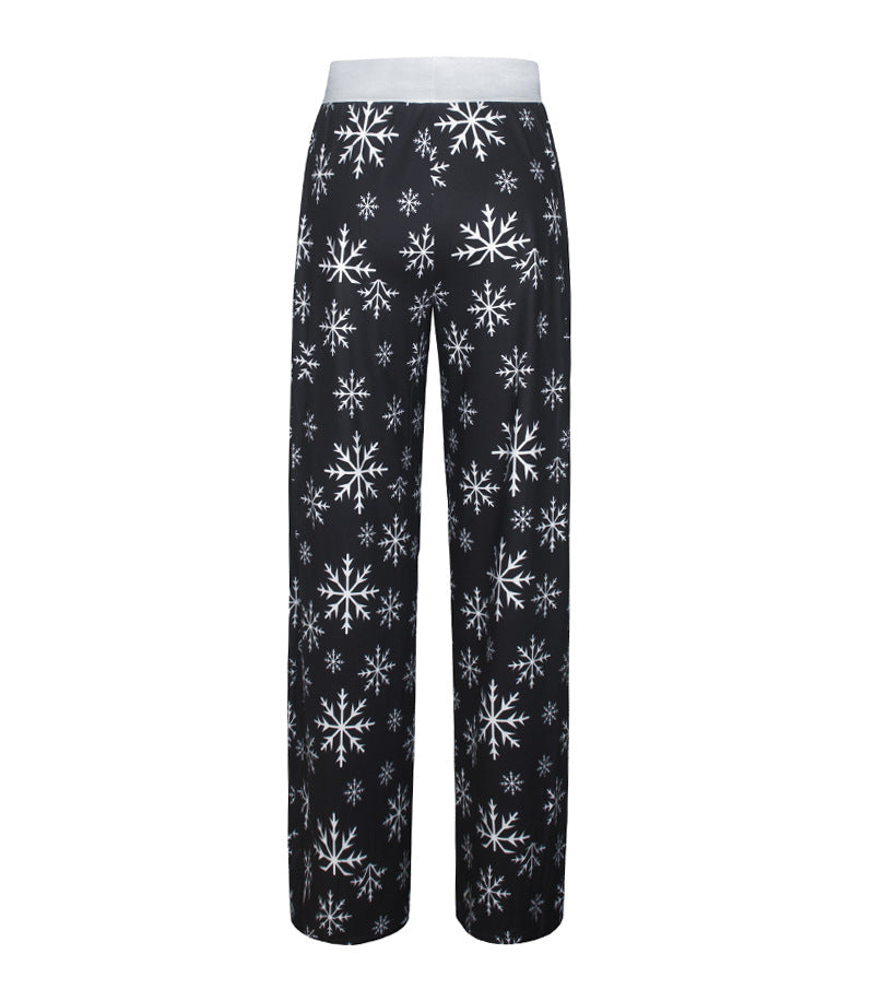 Women's wide-leg Christmas trousers with a high drawstring waist and festive print