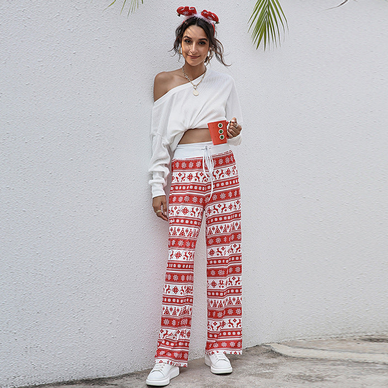 Women's wide-leg Christmas trousers with a high drawstring waist and festive print - white and red fair isle