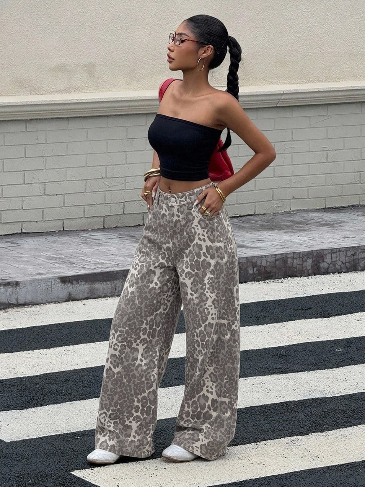 Leopard print jeans for women in cotton denim with a wide straight leg - view 11