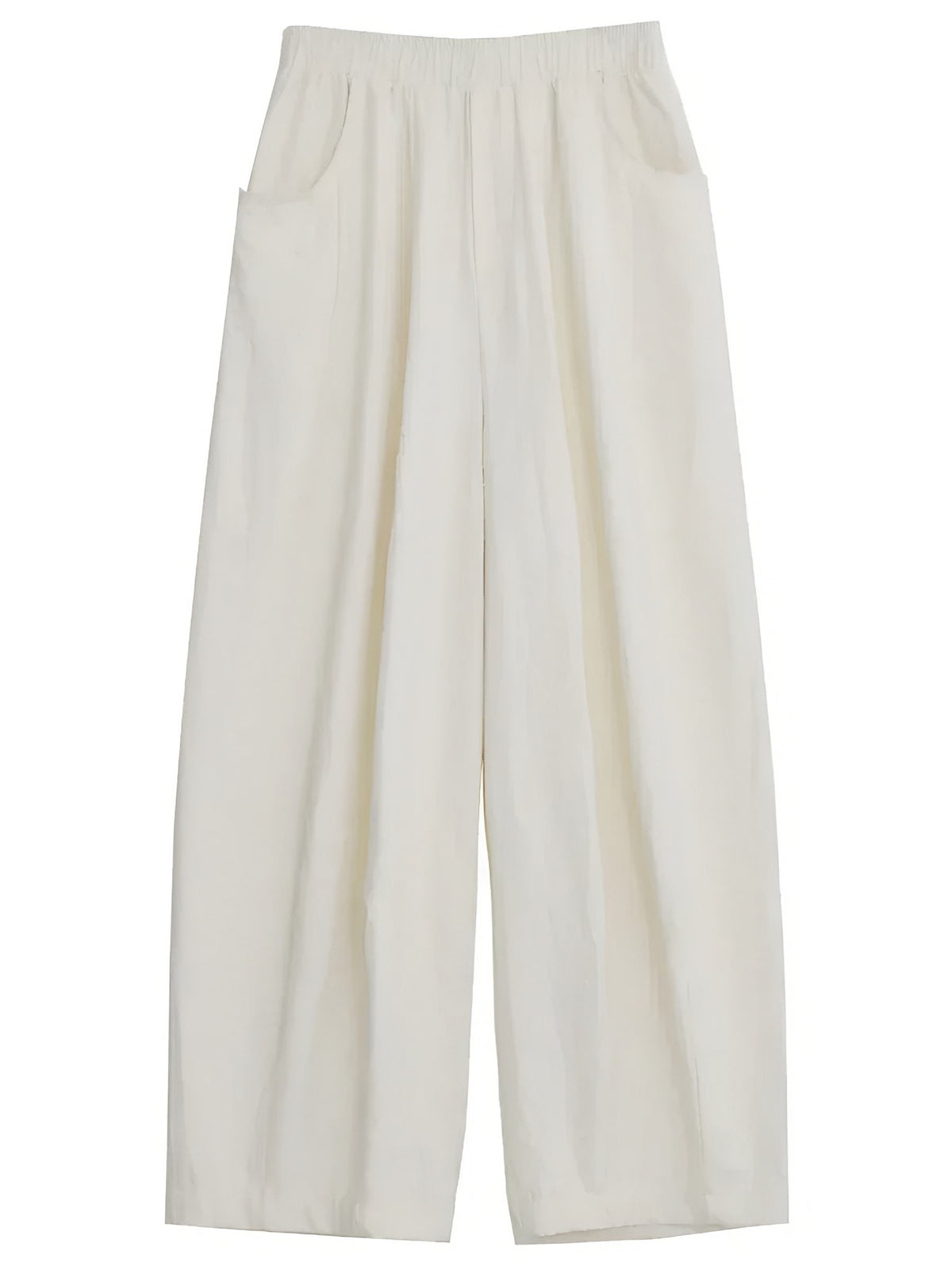 Women's cream wide-leg trousers with an elasticated waist and pockets, laid flat