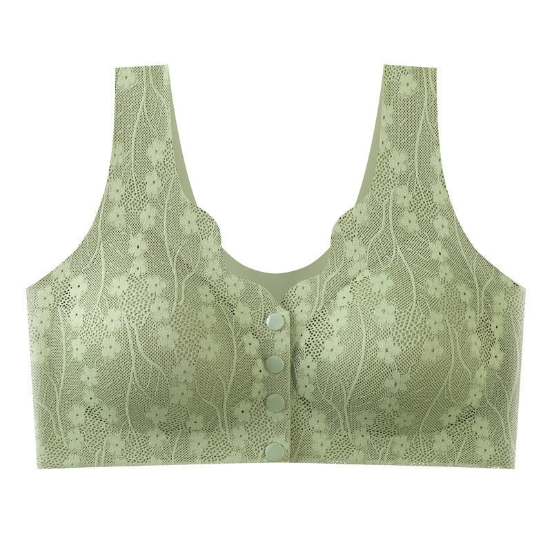 Wireless bra with a buttoned front fastening and floral lace - sage green