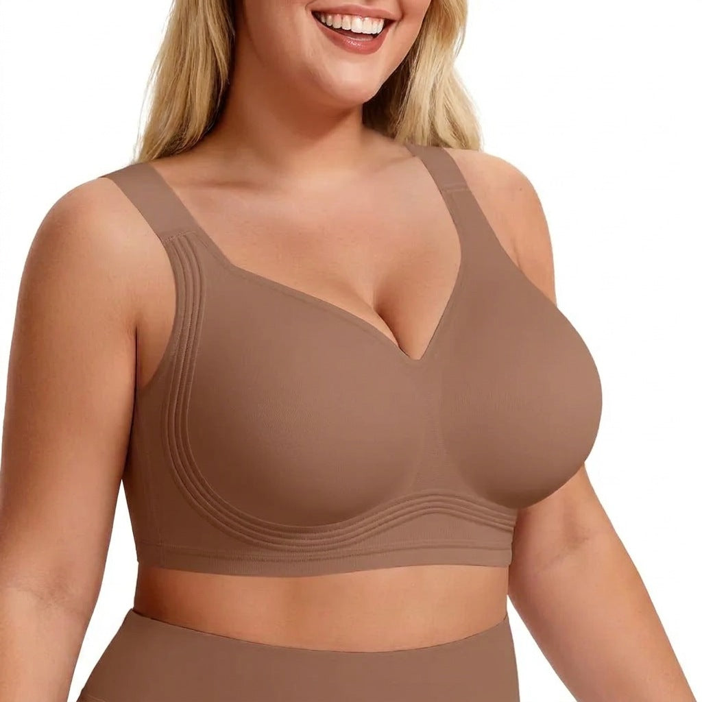 Wireless push-up bra with full coverage cups and wide shoulder straps - mocha brown
