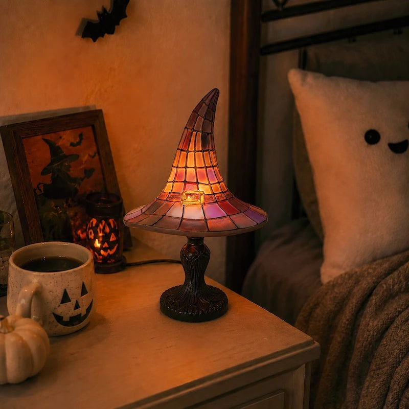 Table lamp shaped like a witch's hat with a coloured mosaic shade - view 2