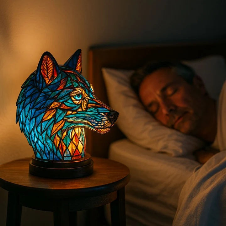 Wolf head lamp in a stained glass look in blue and orange with light blue eyes on a round base
