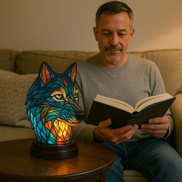 Wolf head lamp in a stained glass look in blue and orange with light blue eyes on a round base
