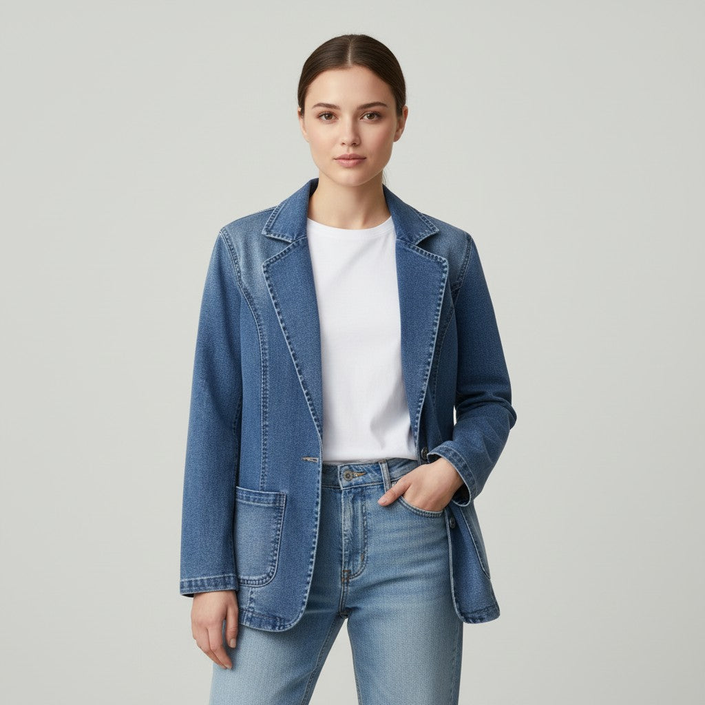 Mid wash denim blazer with a notch lapel and contrast topstitching