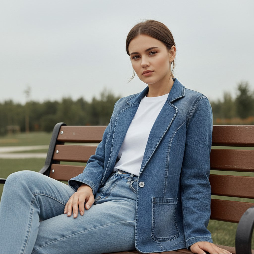 Mid wash denim blazer with a notch lapel and contrast topstitching