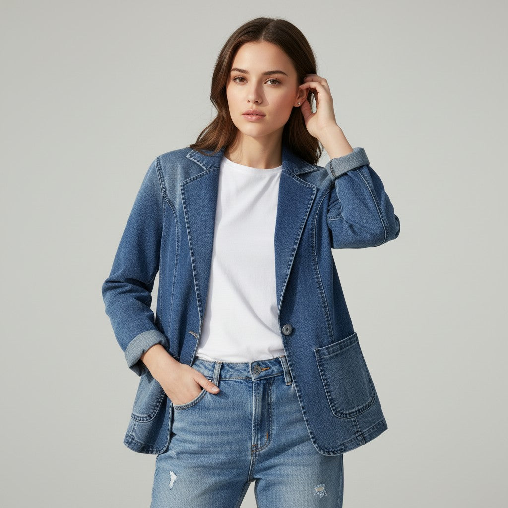 Mid wash denim blazer with a notch lapel and contrast topstitching