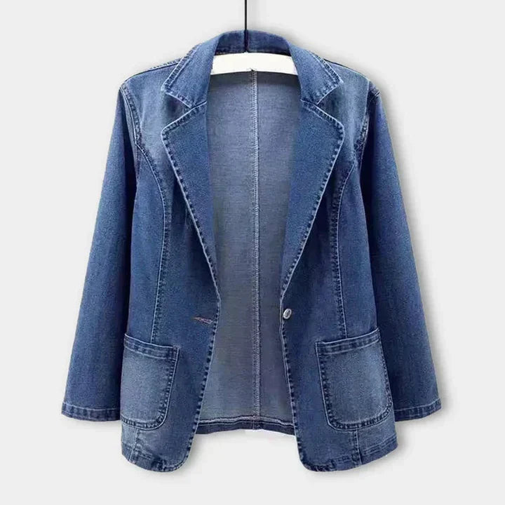 Mid wash denim blazer with a notch lapel and contrast topstitching