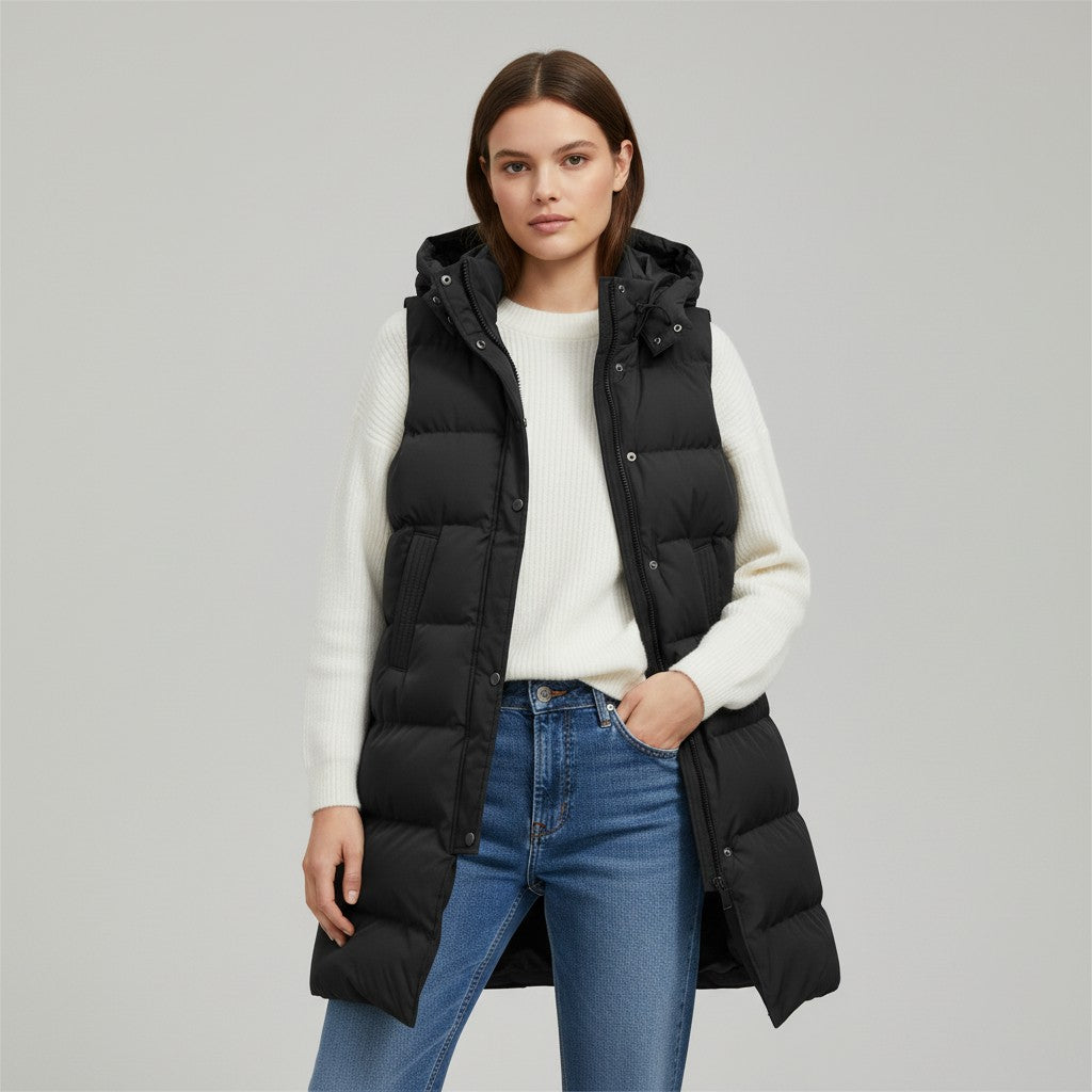 Longline sleeveless puffer gilet with a padded hood and zip front in black