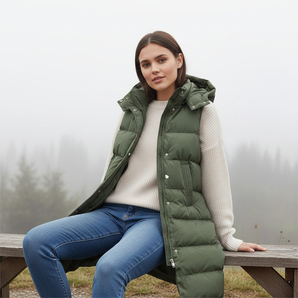 Longline sleeveless puffer gilet with a padded hood and zip front