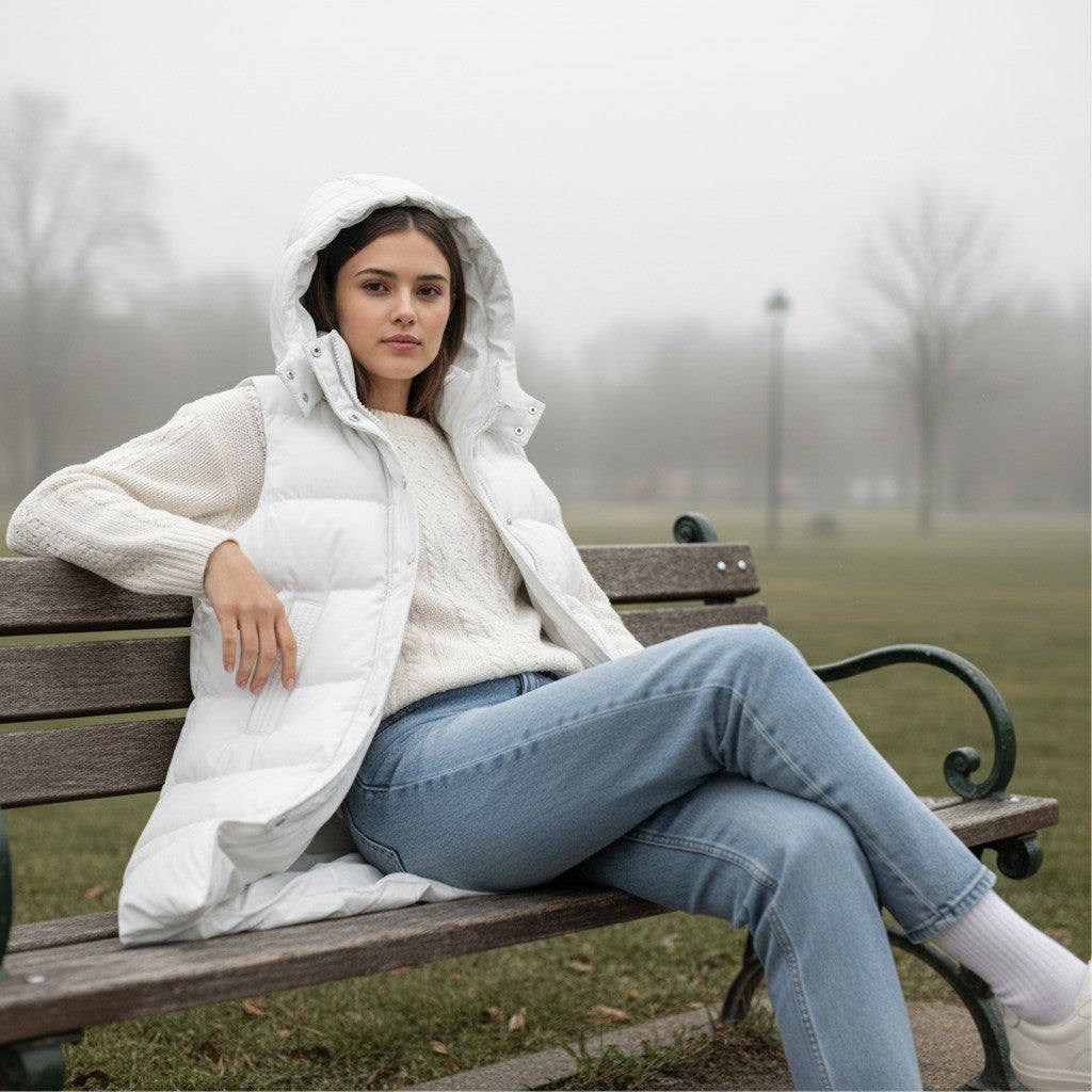 Longline sleeveless puffer gilet with a padded hood and zip front