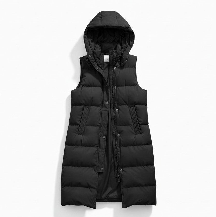 Longline sleeveless puffer gilet with a padded hood and zip front