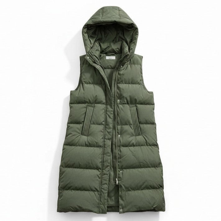 Longline sleeveless puffer gilet with a padded hood and zip front