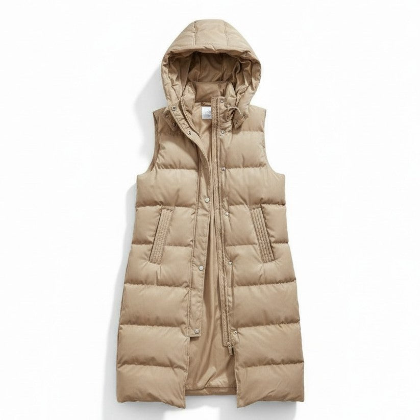Longline sleeveless puffer gilet with a padded hood and zip front